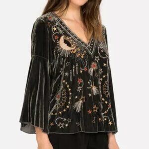NWT Johnny Was XS Charcoal Velvet Embroidered Callisto Blouse